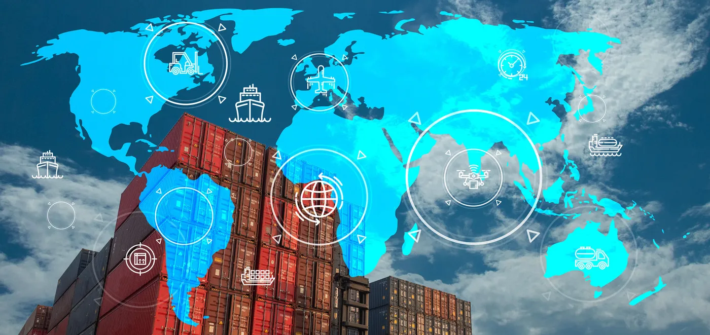 Stacked shipping containers beneath a world map of connected trade routes
